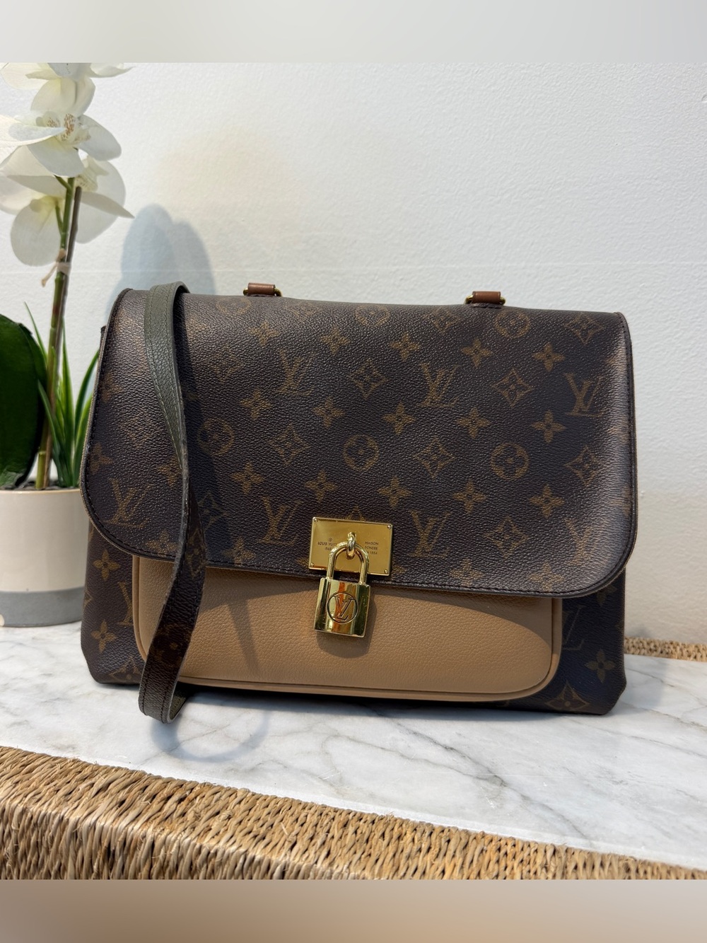 Louis Vuitton Monogram Canvas Shoulder Bag with Tan Leather Front Pocket